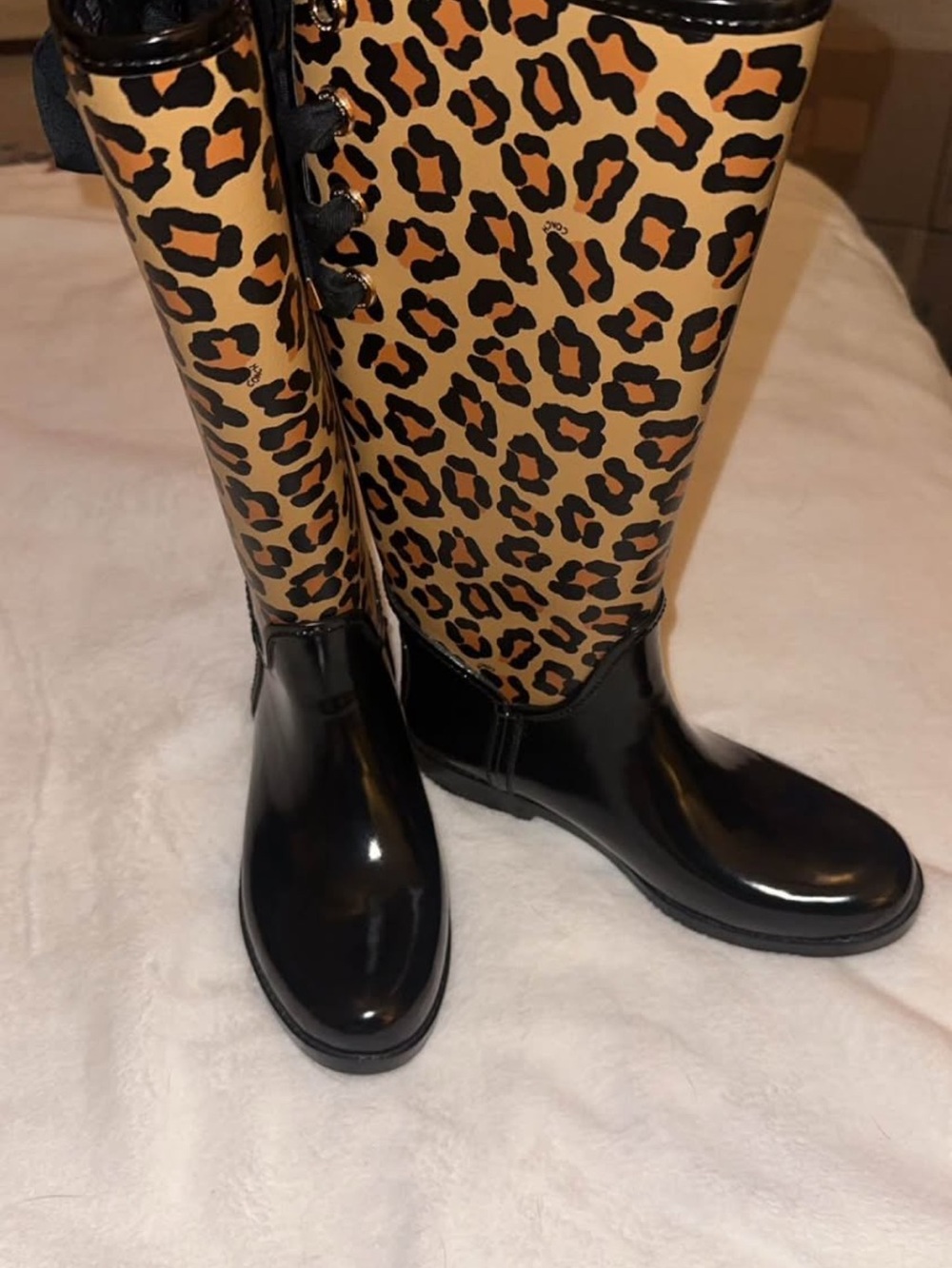 Coach Leopard Print Knee-High Rain Boots with Black Patent Foot